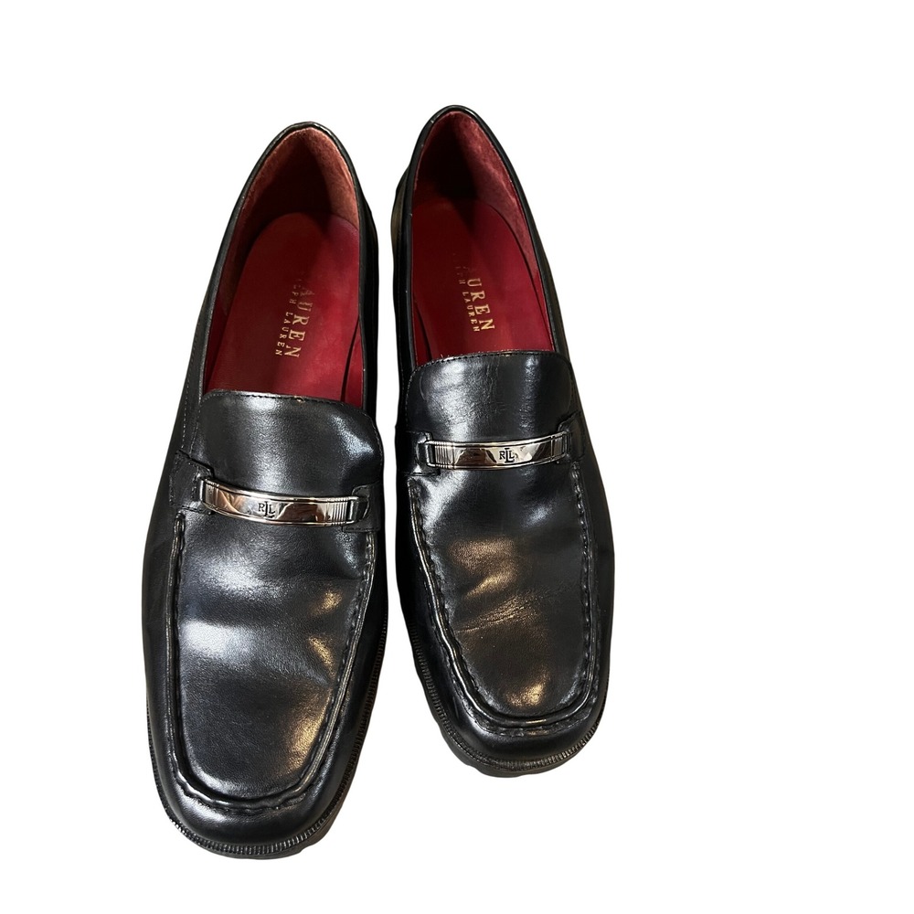 Lauren Ralph Lauren Black Leather Lug Sole Loafers Silver RLL Hardware 8.5
